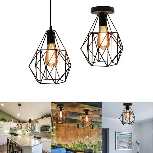 Industrial black iron cage chandelier with black geometric wire cage and exposed Edison bulbs ceiling light decorbites iron cage