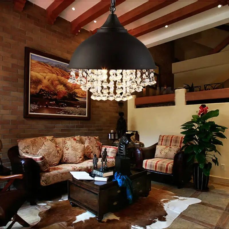Black iron crystal industrial pendant light with dome shade and dangling chandelier accents for kitchen decorbites industrial black