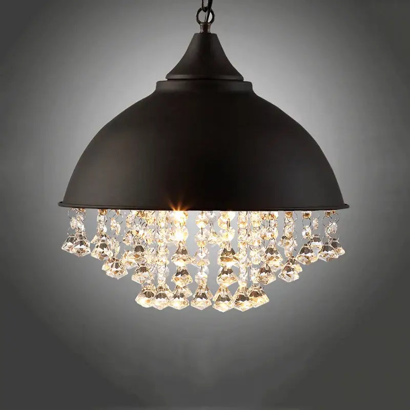 Industrial black iron dome pendant light with dangling black iron crystal chandelier accents for kitchen decorbites industrial black