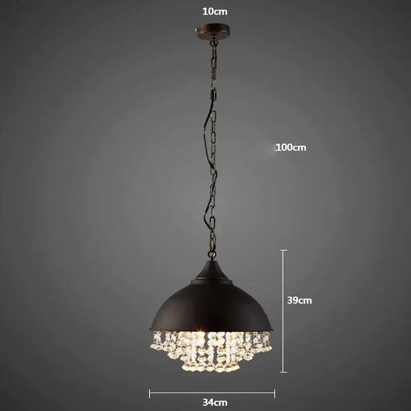 Black metal dome pendant light with dangling crystal beads featuring industrial black iron crystal design for kitchen decor