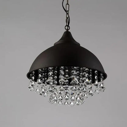 Black metal dome pendant light with dangling crystal beads featuring industrial black iron crystal design for kitchen decor