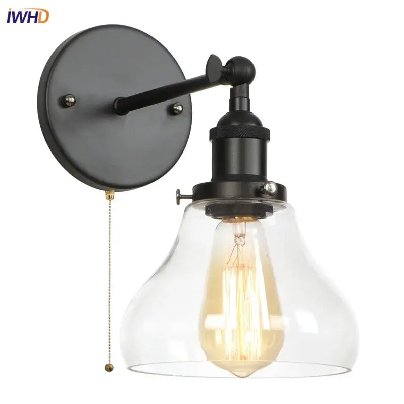 Industrial black iron led wall sconce with clear glass shade and exposed filament bulb for bedroom decorbites black iron