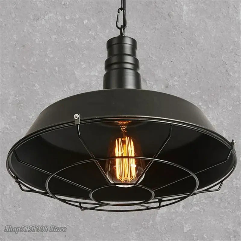 Black industrial iron pendant light with wire cage dome and exposed filament bulb for dining room decorbites iron pendant