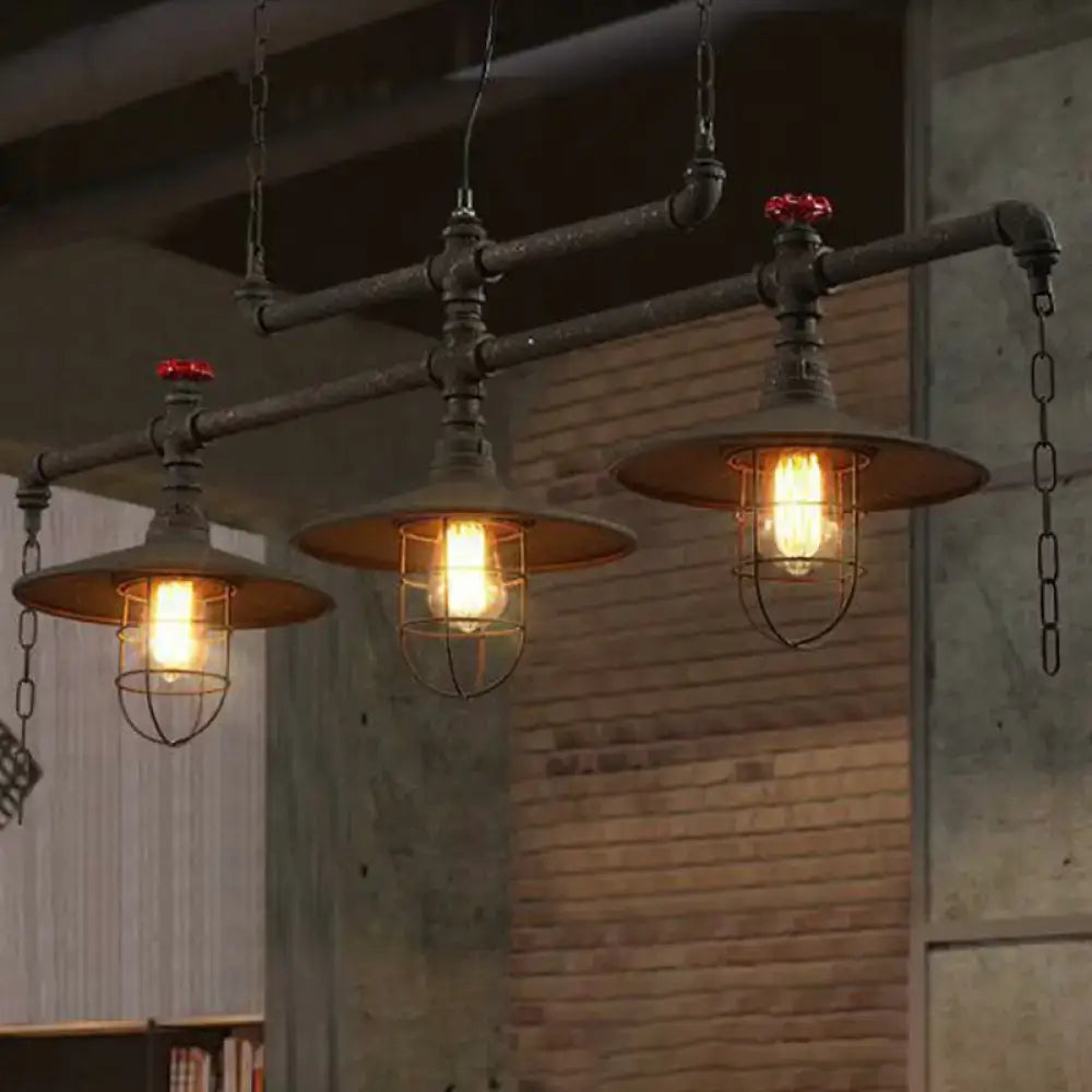 Decorbites rustic iron saucer pendant lamp with cage guard featuring black metal frame and filament bulbs for island lighting