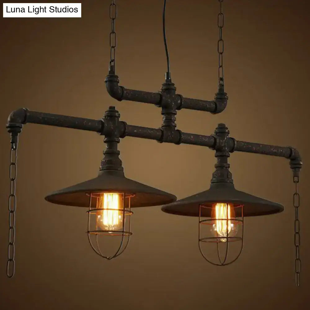 DecorBites™ rustic iron saucer pendant lamp in black with cage guard featuring exposed bulbs for island lighting
