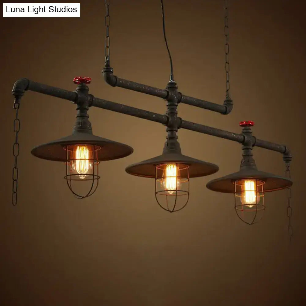 Industrial-style black iron saucer pendant lamp with three exposed filament bulbs and red valve caps for island lighting