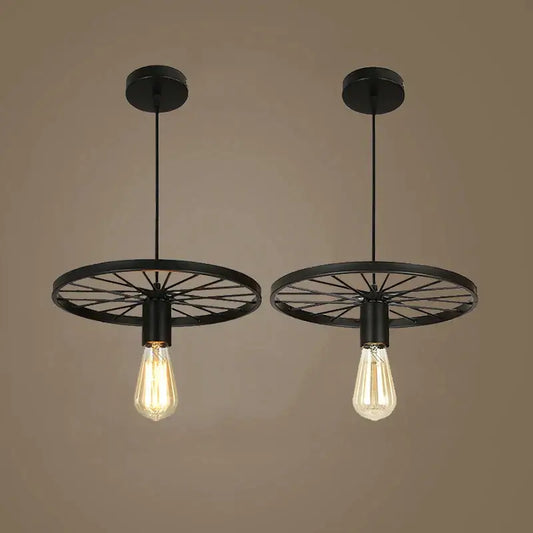 Industrial black iron wheel chandelier pendant light featuring black metal bicycle wheel design with exposed filament bulbs