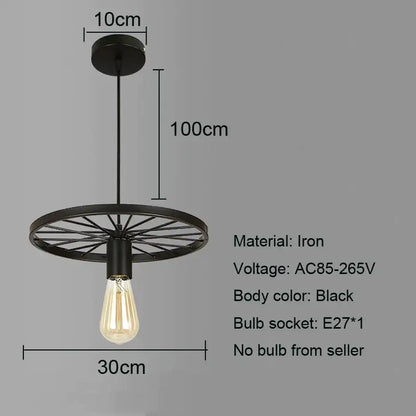 Industrial black iron wheel chandelier pendant light with spoke design and exposed Edison bulb for dining room decorbites