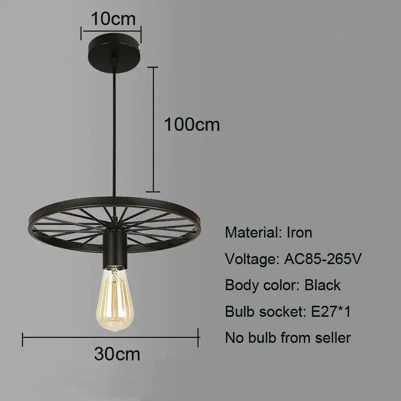 Industrial black iron wheel chandelier pendant light with spoke design and exposed Edison bulb for dining room decorbites