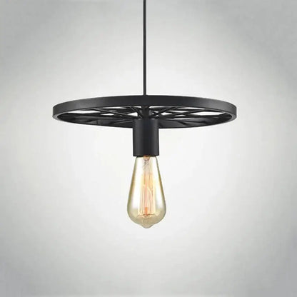 Black industrial iron wheel chandelier pendant light with circular frame and exposed Edison bulb for dining room decorbites