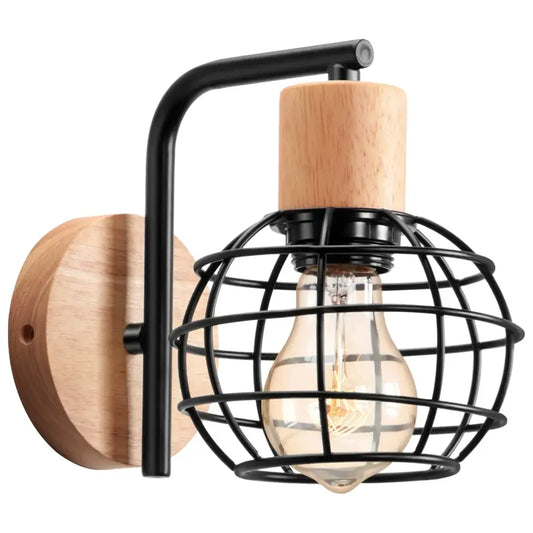 Industrial black iron wood wall lamp with cage sconce featuring exposed filament bulb for bedroom decorbites iron wood wall