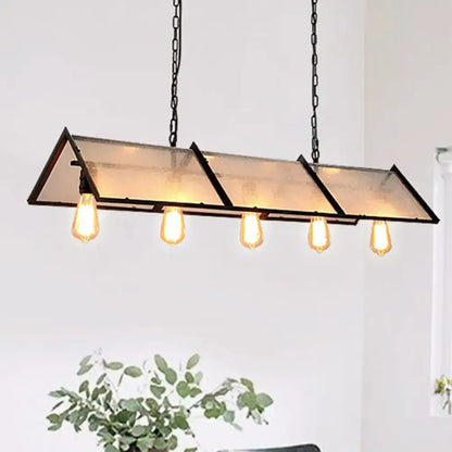 Decorbites classic black island lamp with black metal frame frosted glass panels and five exposed bulbs ceiling fixture