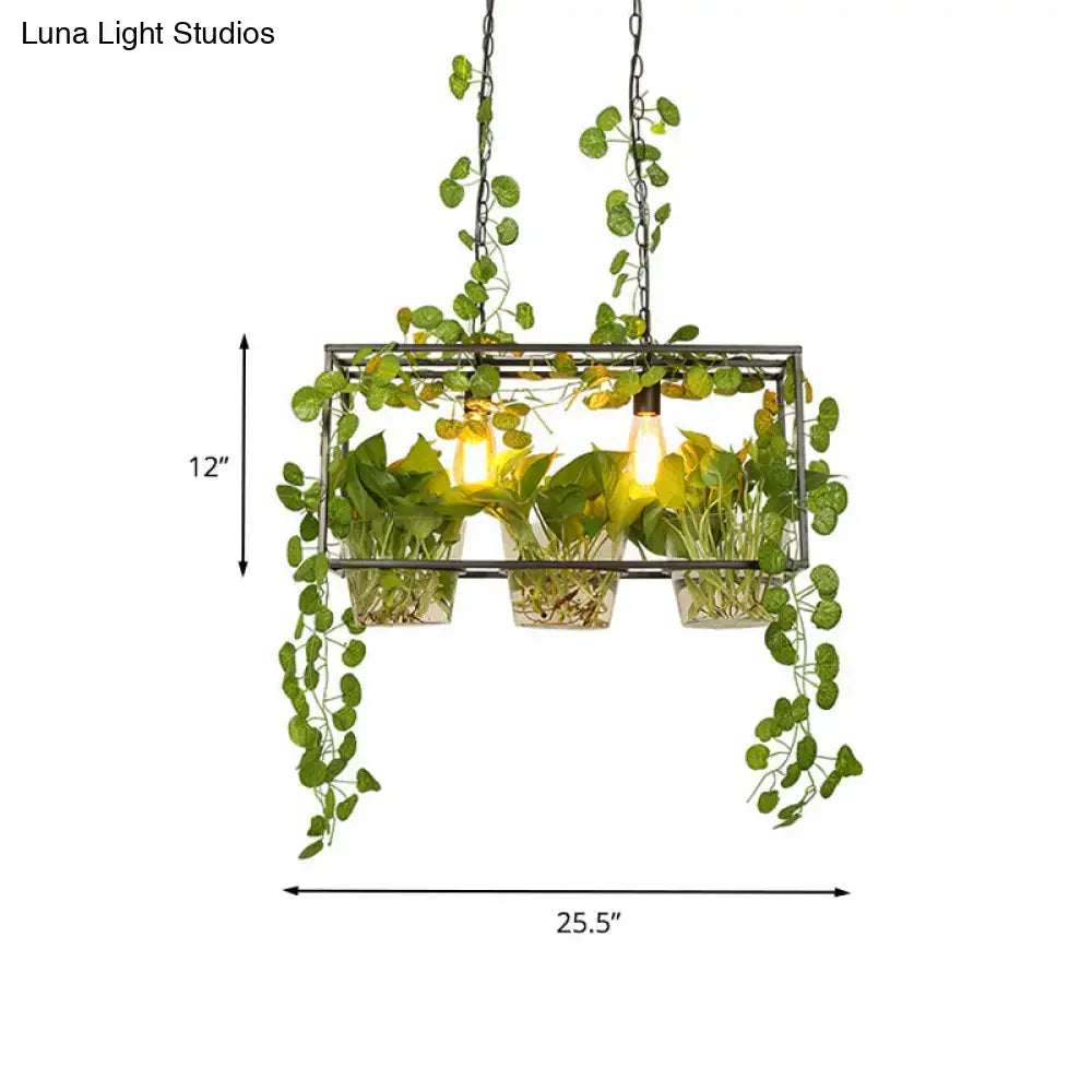 Black metal rectangular DecorBites™ iron industrial pendant light with three bulbs and hanging potted plant 220v-240v