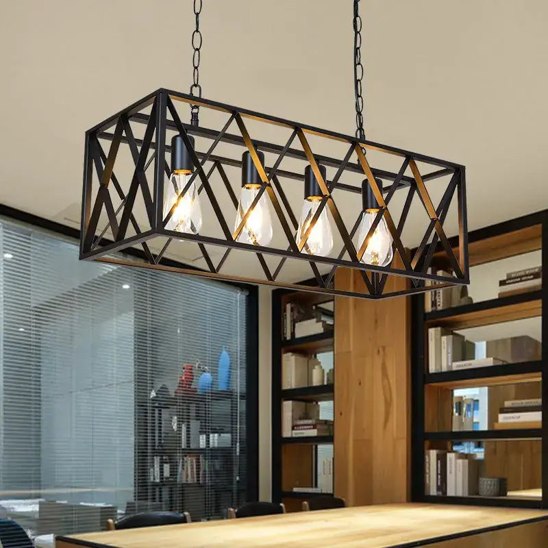 Industrial chandelier decorbites black metal rectangular pendant light with geometric lattice and four exposed bulbs