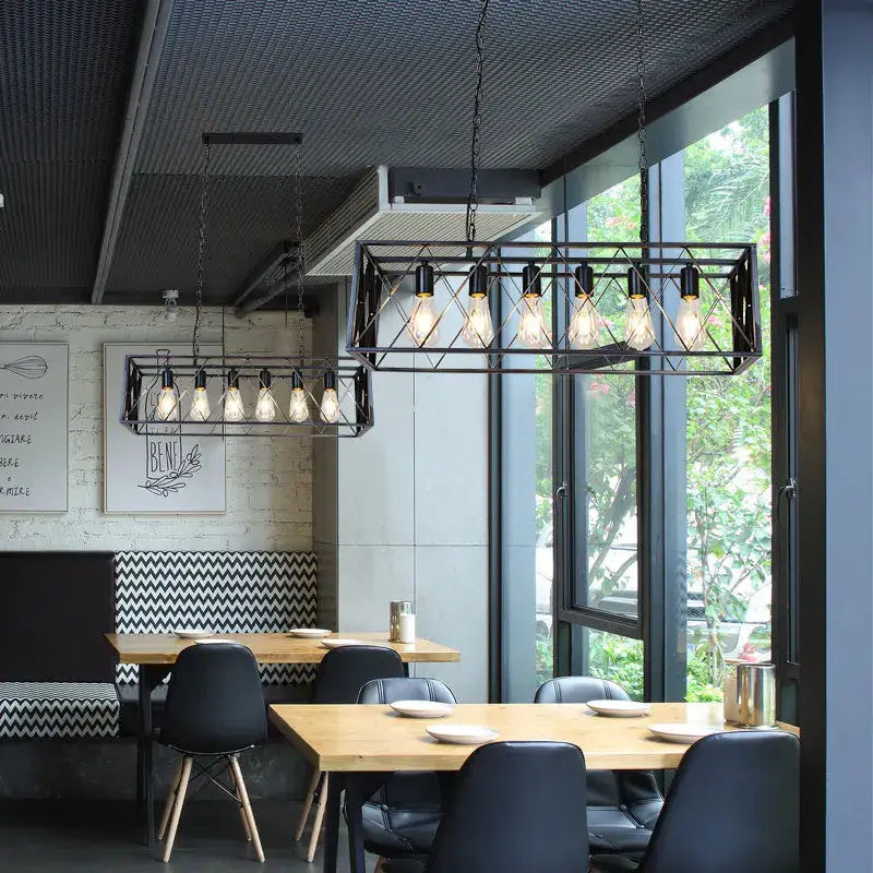 Industrial black lattice chandelier with exposed filament bulbs made of metal for dining room decorbites industrial chandelier