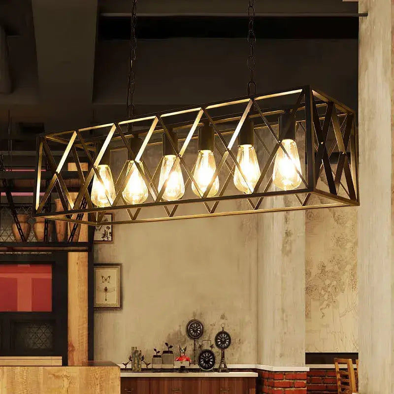 Industrial black lattice chandelier with black metal frame and five glowing Edison bulbs for dining room by decorbites industrial chandelier