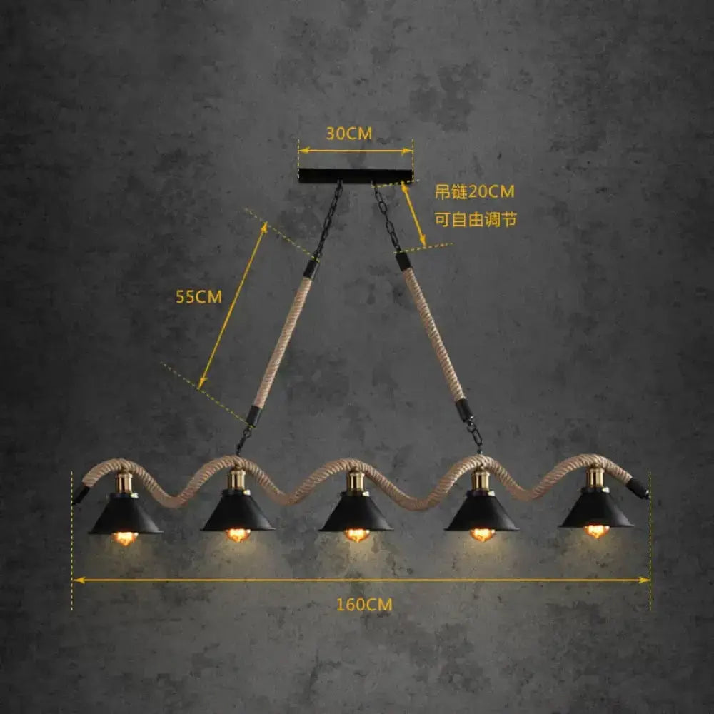 Industrial-style black metal led chandelier with five conical shades and hemp rope chains for modern cafes and bars