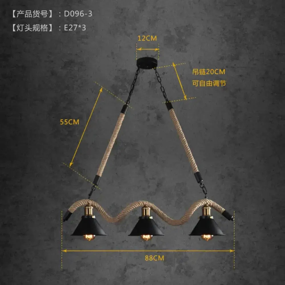 Industrial-style three-light led chandelier with black metal shades and hemp rope arms for cafe or bar use