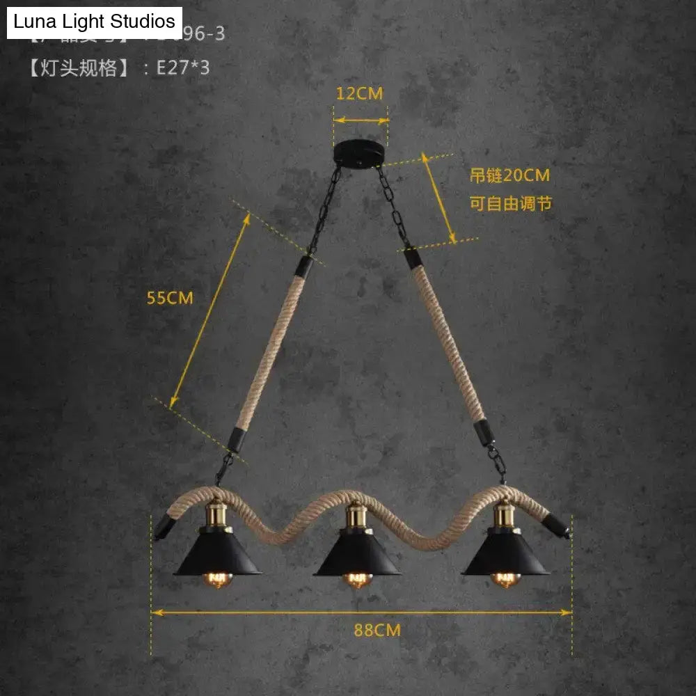 Industrial-style three-light led chandelier with black metal shades brass accents and hemp rope suspension for cafes bars