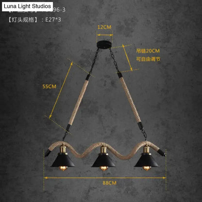 Industrial-style three-light led chandelier with black metal shades brass accents and hemp rope suspension for cafes bars