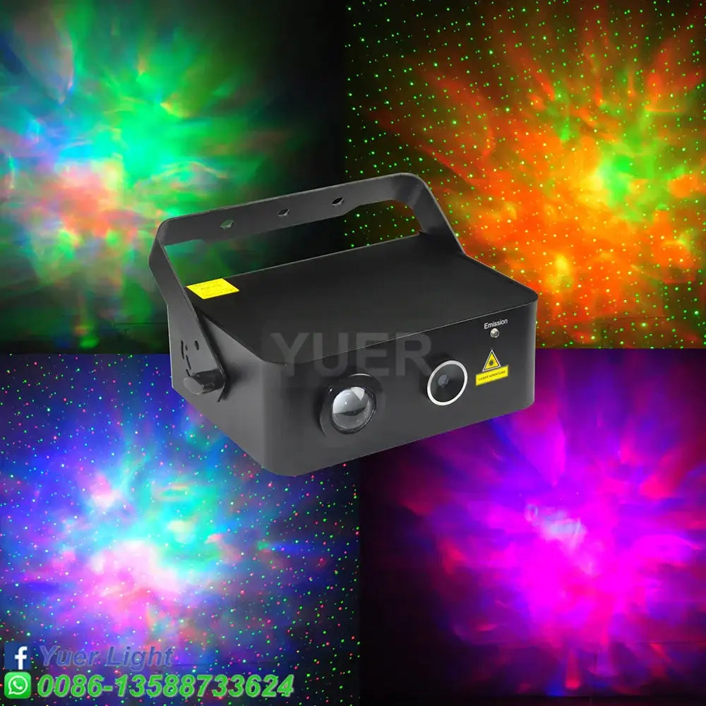 Black yuer disco stage projector with handle and dual lenses emitting colorful starburst patterns for light dj disco use