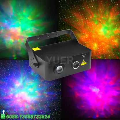 Black yuer disco stage projector with handle and dual lenses emitting colorful starburst patterns for light dj disco use