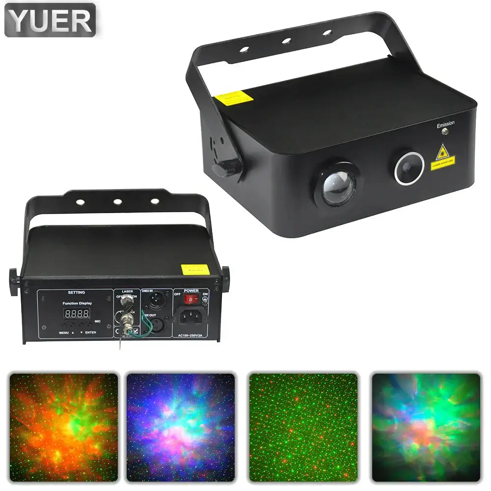 Black led disco stage projector with dual lenses and handle projecting vibrant galaxy patterns for light dj disco use