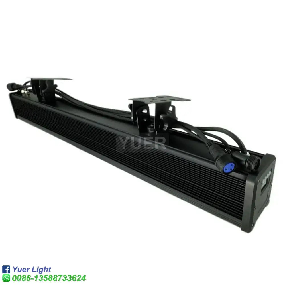 Industrial black led wall wash light bar with ribbed surface, mounting brackets, and blue connectors for stage use
