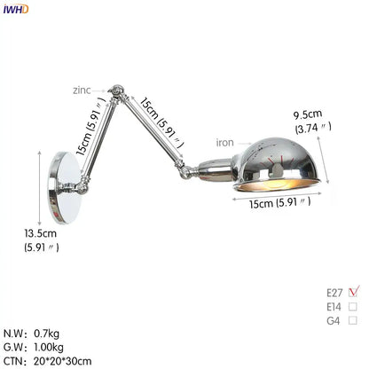 Chrome-finished adjustable wall light with articulated arms and dome shade for decorbites loft antique edison decor