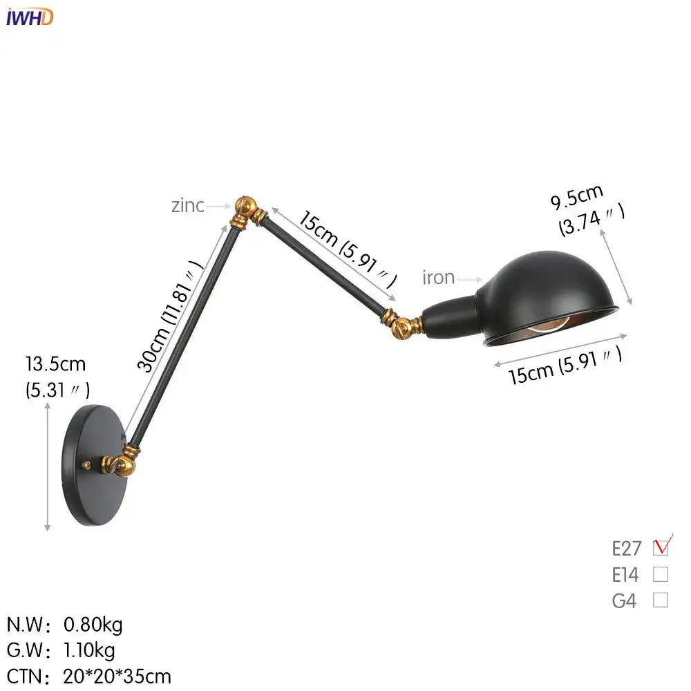 Industrial black loft antique edison wall light with black matte finish brass accents and adjustable swing arm design