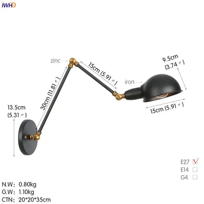 Industrial black loft antique edison wall light with black matte finish brass accents and adjustable swing arm design