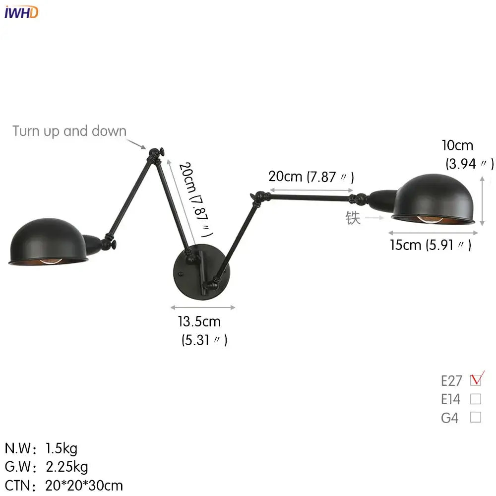 Industrial black loft antique edison wall light with double-arm adjustable swing arm and matte dome-shaped shades for decorbites loft antique