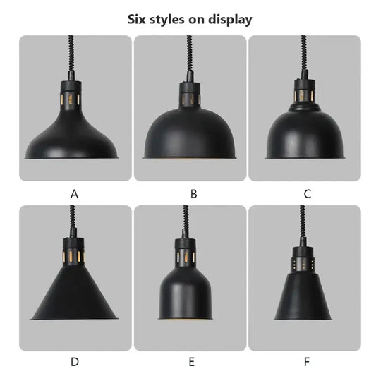 Industrial black matte electric food heating pendant light with flexible cords and metallic accents for kitchen use