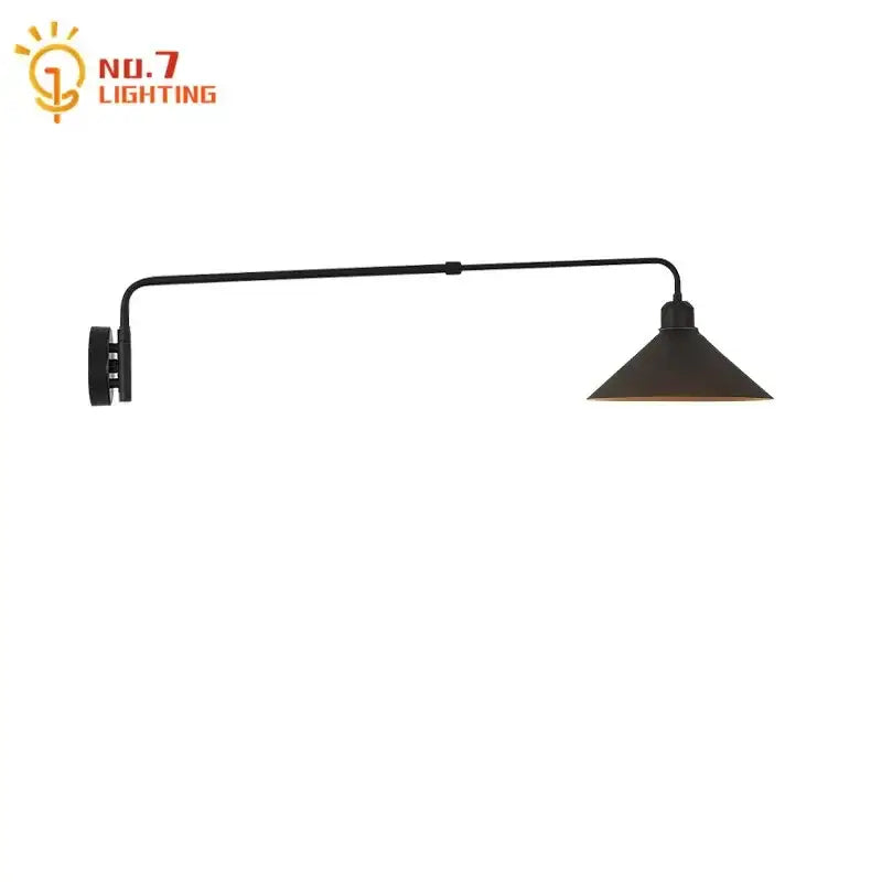 Industrial black matte wall lamp with telescopic swing arm and conical shade for living room lighting