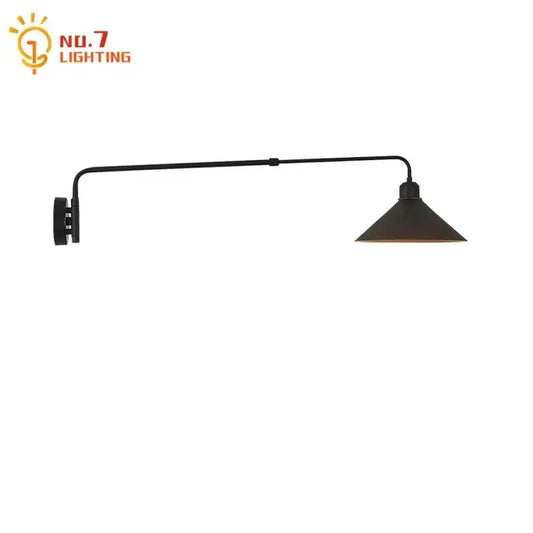 Industrial black matte wall lamp with telescopic swing arm and conical shade for living room lighting