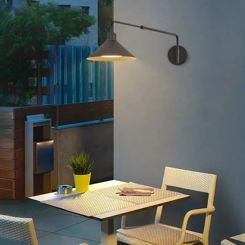 Industrial black matte wall lamp with telescopic swing arm and conical shade for living room lighting
