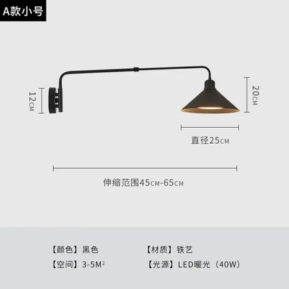 Black wrought iron wall lamp with conical shade and led warm light featuring industrial telescopic swing arm design