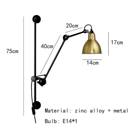 Brass-finished industrial black matte wall lamp with adjustable black zinc alloy arms for bedroom reading light by decorbites gras bl wall