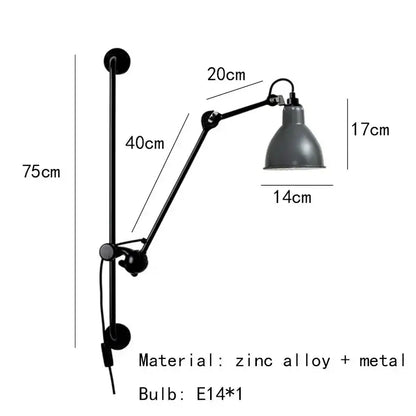 Industrial black matte wall lamp made of black zinc alloy with adjustable arms for bedroom reading decorbites gras style