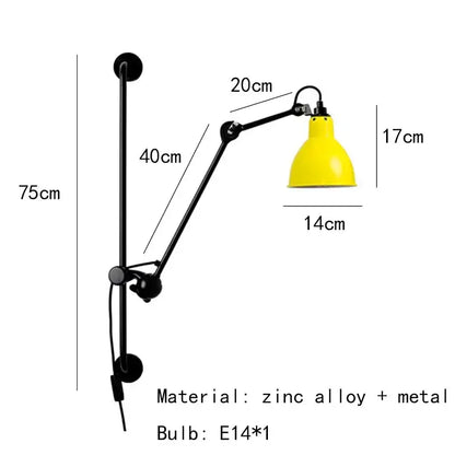 Industrial black matte wall lamp with a yellow conical lampshade on an adjustable zinc alloy articulated arm for reading light