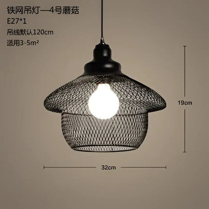 Black iron mesh pendant light with mushroom-shaped design and exposed bulb decorbites industrial birdcage chandelier