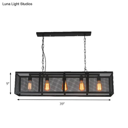 Decorbites industrial mesh shade pendant light with black metal rectangular frame and edison bulb base for dining room island