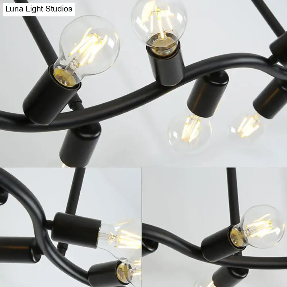 DecorBites wavy iron ceiling pendant black metal hanging light with 13 clear glass bulbs chain cord length adjustable 220v-240v 110v-120v