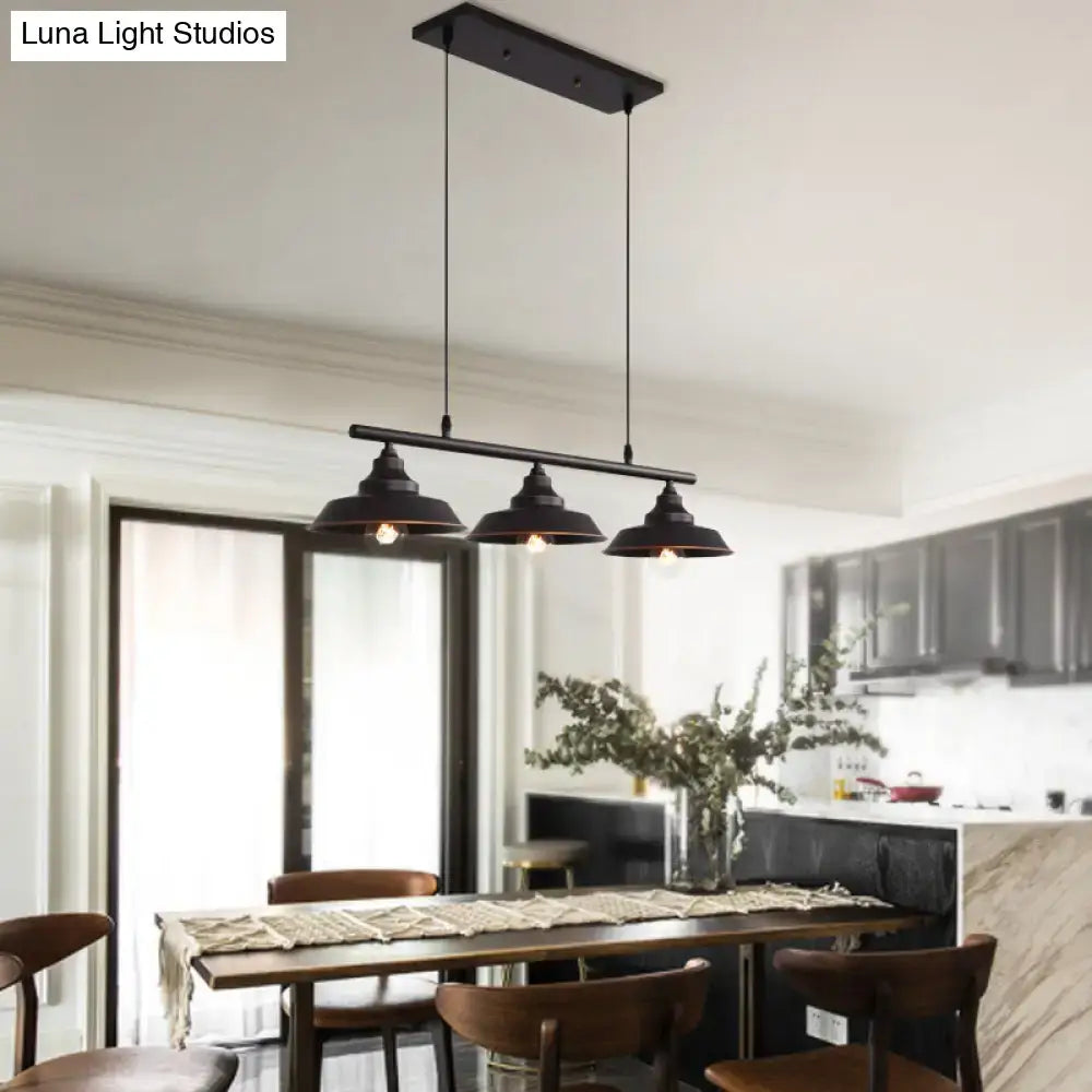 DecorBites™ industrial metal barn shade chandelier with three black metal pendant shades and adjustable chain cord length