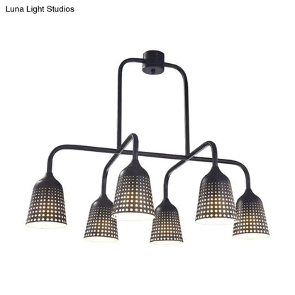 Black metal pendant light with five perforated conical shades featuring bulb base for 220v-240v use by DecorBites