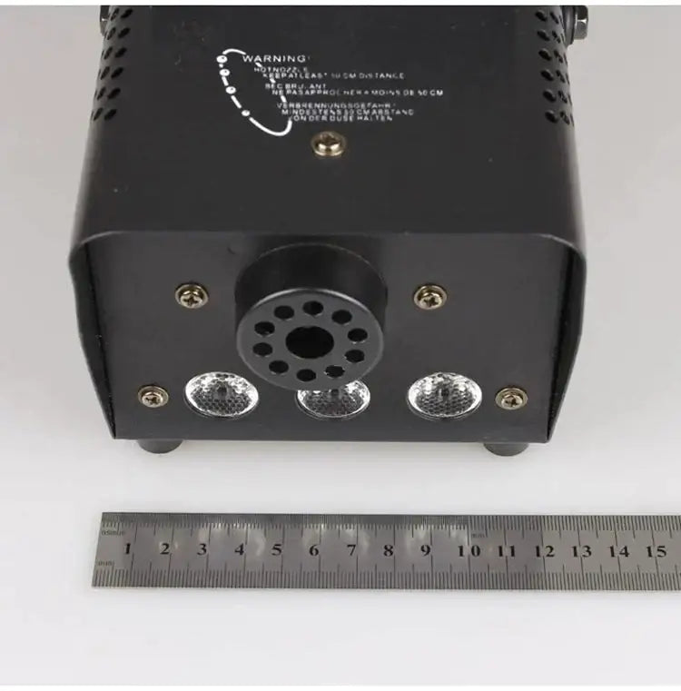 Black rectangular industrial metal 500w wireless fog machine with circular vent and three silver meshed nozzles for party decor