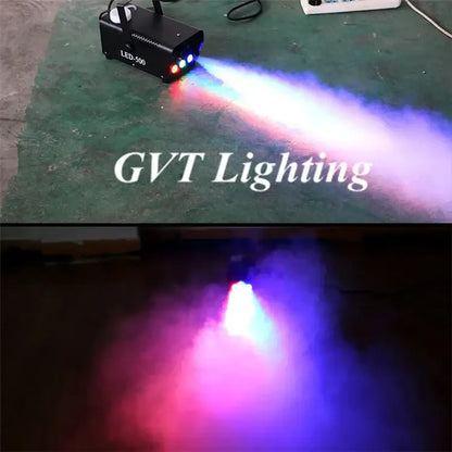 Industrial black metal 500w wireless fog machine emitting vibrant red blue and white beams through smoke for party decor