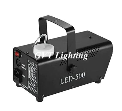 Industrial black metal 500w wireless fog machine with a white cylindrical tank and handle for portable party decor use