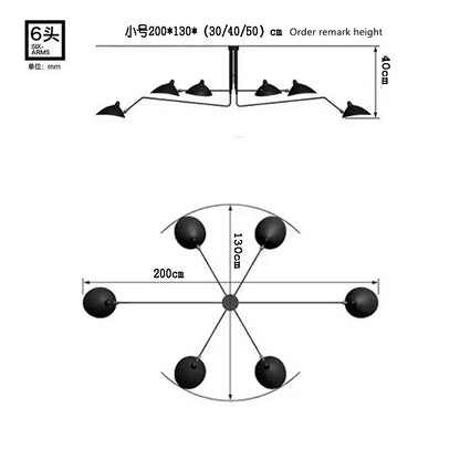Black industrial metal six-arm ceiling floor lamp with spherical light heads and decorbites adjustable arm for living room decor