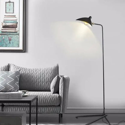 Black metal floor lamp with sleek curved neck and decorbites adjustable arm casting warm living room light